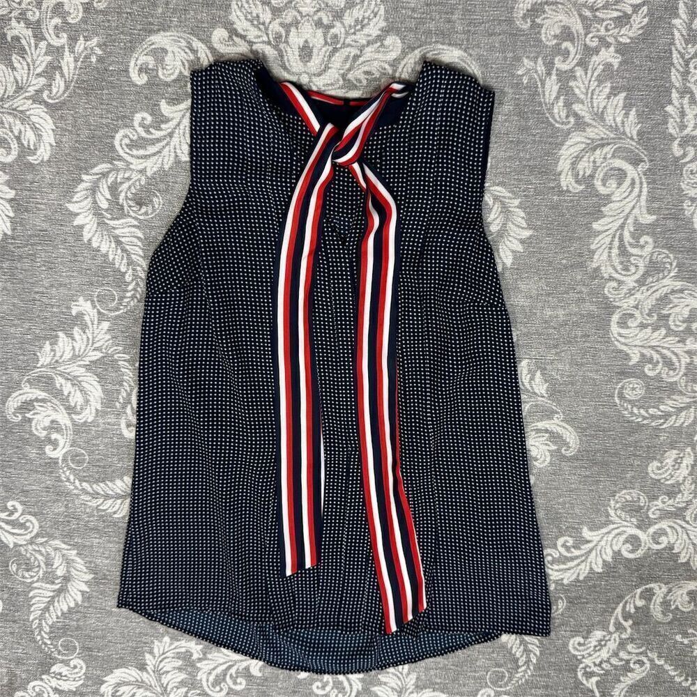 Tommy Hilfiger Women's XS Blue Polka Dot Sleeveless Tie-Neck Blouse